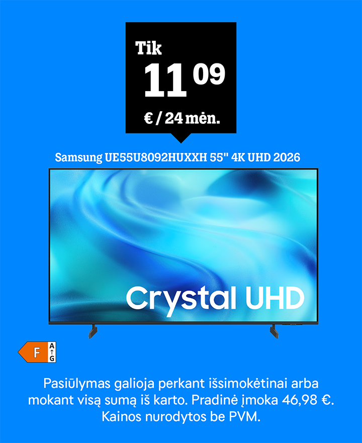 Televizorius Samsung UE55U8092HUXXH tik už 1,09 € / 24 mėn. Pasiūlymas galioja perkant išsimokėtinai arba mokant visą sumą iš karto. Pradinė įmoka 46,98 €. Kainos nurodytos be PVM.