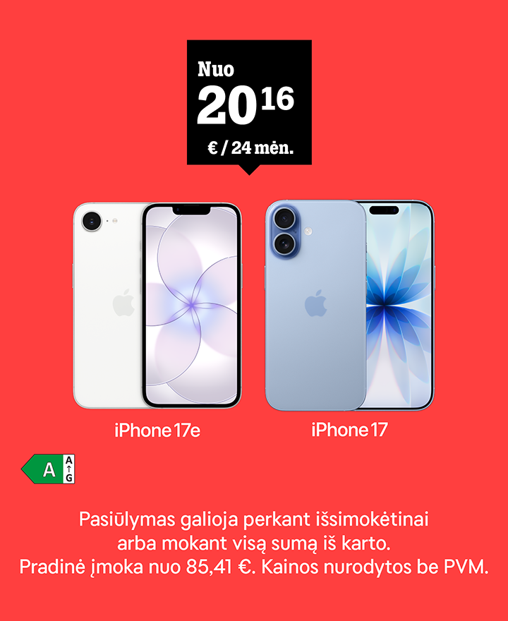 iPhone 17e nuo 20,16 €/24mėn. Pasiūlymas galioja perkant Išsimokėtinai arba mokant visą sumą iš karto. Pradinė įmoka 85,41 €. Kainos nurodytos be PVM.