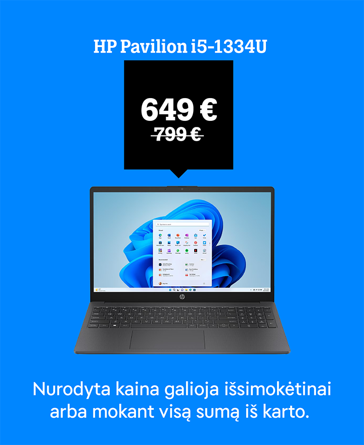 HP Pavilion i5-1334U už 649 €. Nurodyta kaina galioja išsimokėtinai arba mokant visą sumą iš karto.