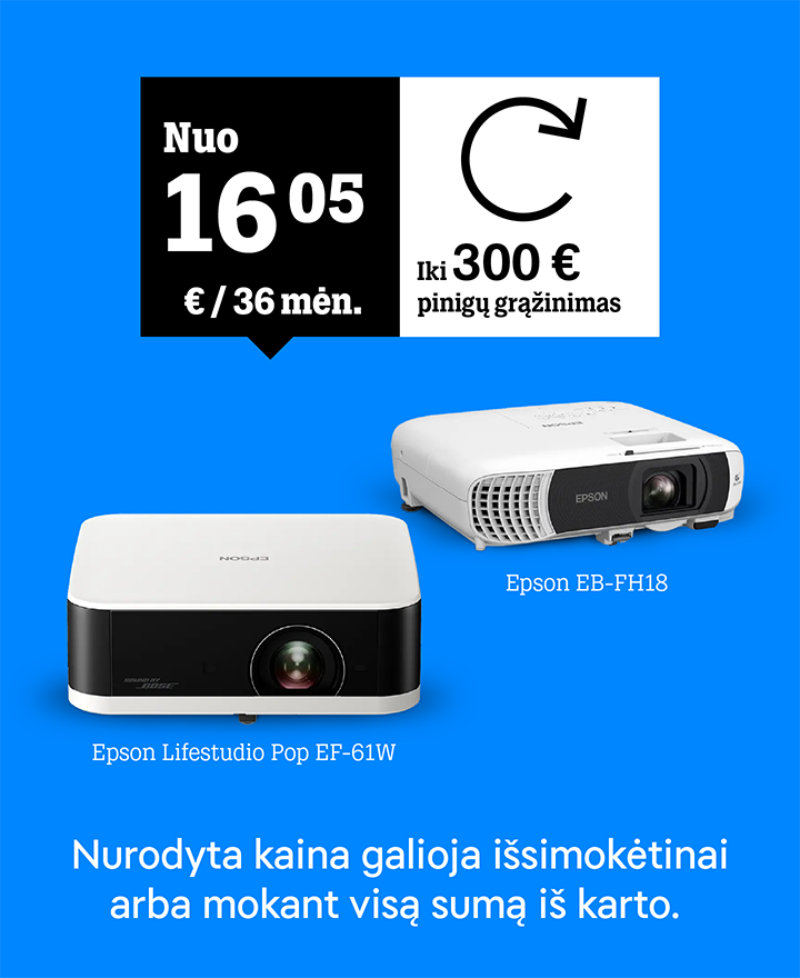 Projektoriai Epson nuo 16,05 € / mėn. Iki 300 € pinigų grąžinimas. Nurodyta kaina galioja išsimokėtinai arba mokant visą sumą iš karto.