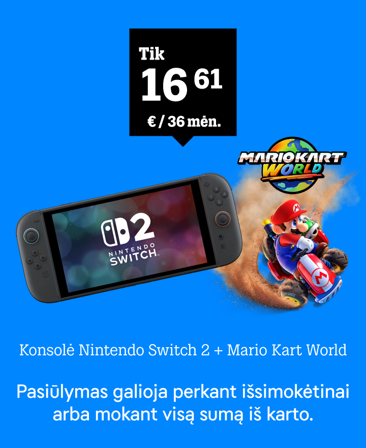 Konsolė Nintendo Switch 2 + Mario Kart World tik 16,61 € / mėn. Pasiūlymas galioja išsimokėtinai arba mokant visą sumą iš karto.