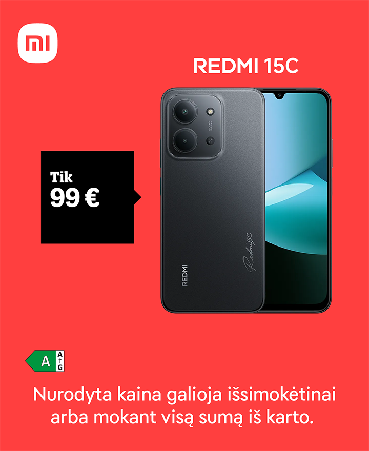 REDMI 15C tik 99 €.  Nurodyta kaina galioja išsimokėtinai arba mokant visą sumą iš karto.