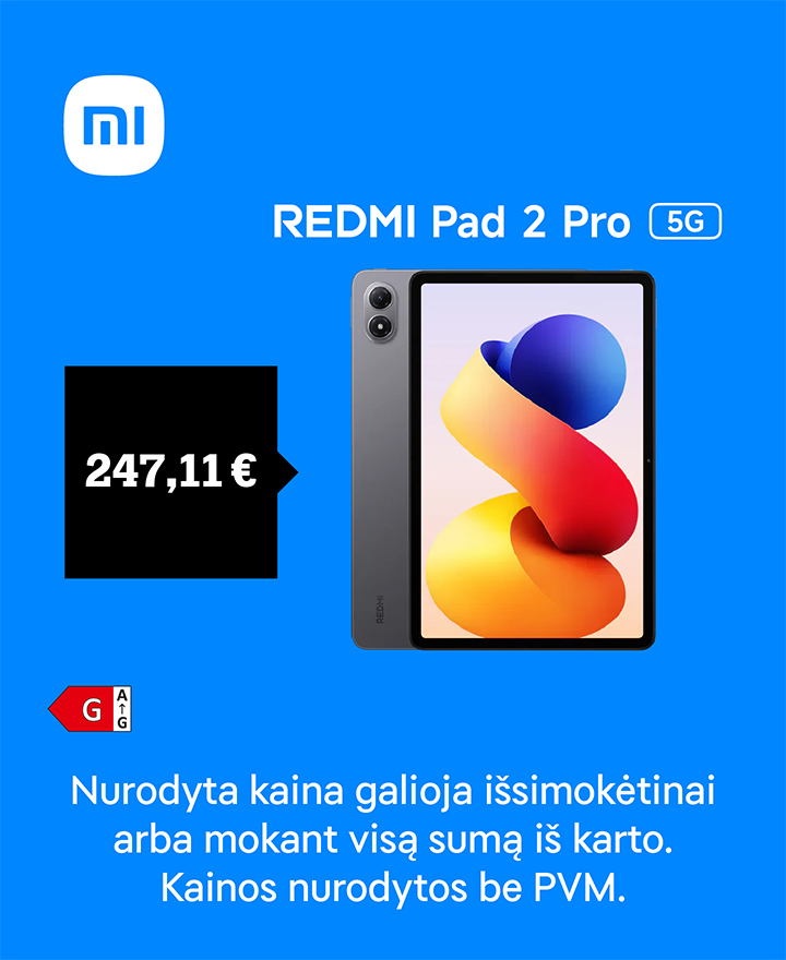 Redmi Pad 2 Pro 247,11 €. Nurodyta kaina galioja išsimokėtinai arba mokant visą sumą iš karto. Kaina nurodyra be PVM.