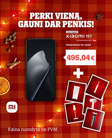  Perkant Xiaomi 15T serijos telefoną nuo 495 €, net 5 dovanos. Kaina nurodyta be PVM.