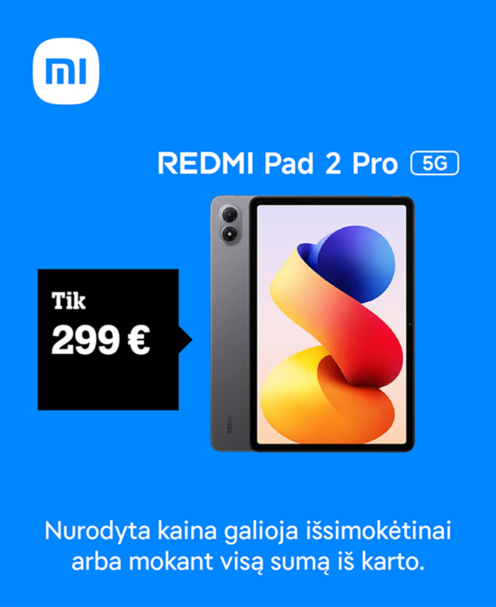 Redmi Pad 2 Pro tik 299 €. Nurodyta kaina galioja išsimokėtinai arba mokant visą sumą iš karto.