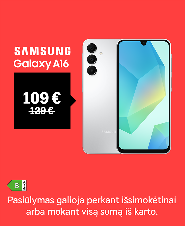 Samsung Galaxy A16 tik 109 €. Pasiūlymas galioja perkant Išsimokėtinai arba mokant visą sumą iš karto.