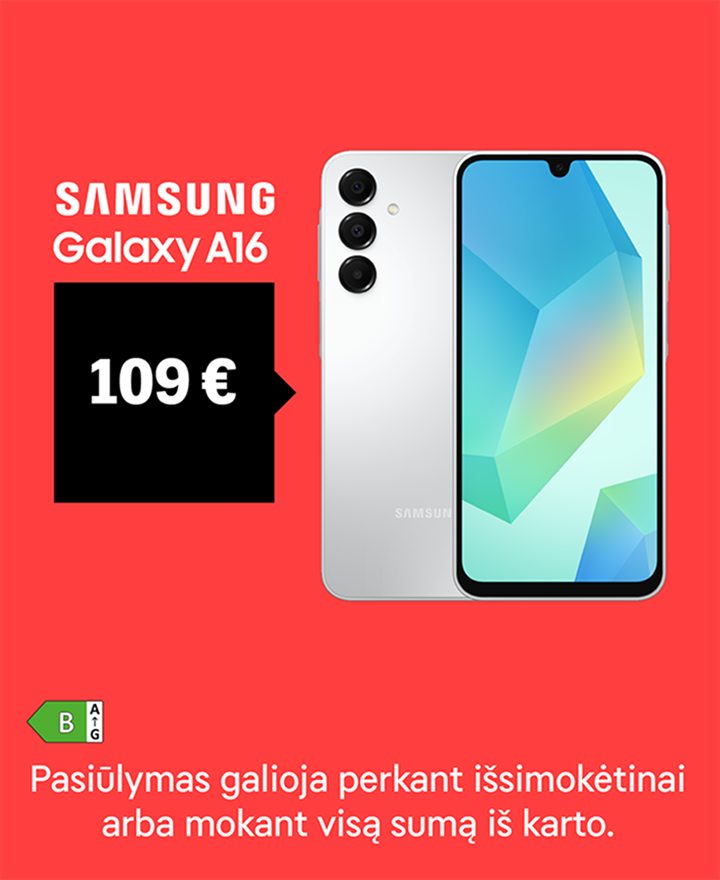 Samsung Galaxy A16 tik 109 €. Pasiūlymas galioja perkant Išsimokėtinai arba mokant visą sumą iš karto.