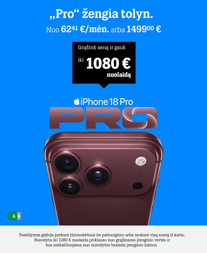 „Pro“ žengia tolyn. Nuo 62,41€/mėn. arba 1499 €  Pasiūlymas galioja perkant išsimokėtinai arba mokant visą sumą iš karto. Nurodyta iki 1080 € nuolaida priklauso nuo grąžinamo jrenginio vertės  ir bus atskaičiuojama nuo nurodytos bazinės įrenginio kainos.