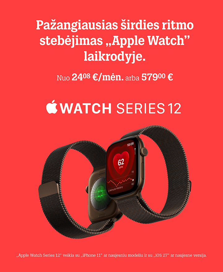 Naujasis Apple Watch Series 12 Prekyboje nuo rugsėjo 18 d. 8.00 nuo 24,08 €/mėn. arba 579 €. „Apple Watch Series 12" veikia su iPhone 11 ar naujesniu modeliu ir su „iOs 27" ar naujesne versija.