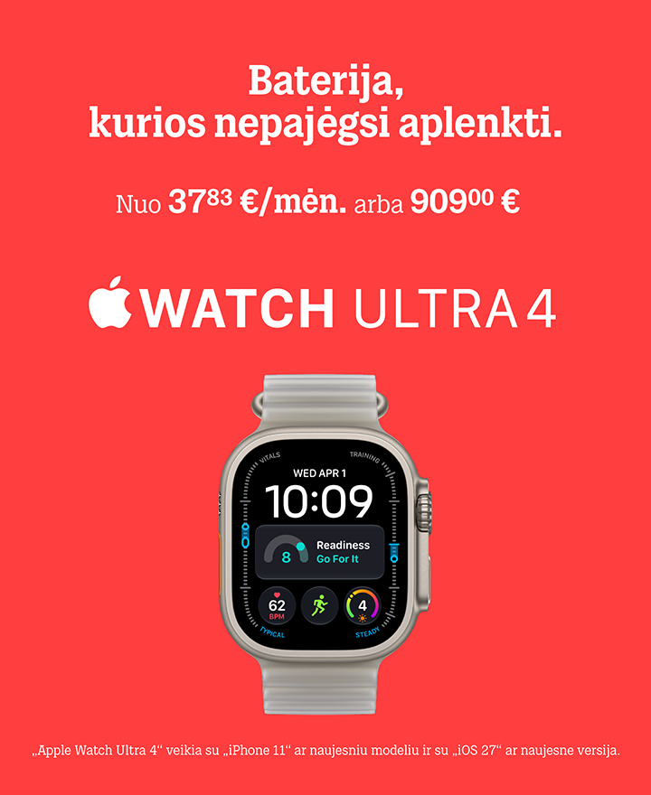 Naujasis Apple Watch Ultra 4 Prekyboje nuo rugsėjo 18 d. 8.00 nuo 37,83 €/mėn. arba 909 €. „Apple Watch Ultra 4" veikia su iPhone 11" ar naujesniu modeliu ir su „iOs 27" ar naujesne versija.